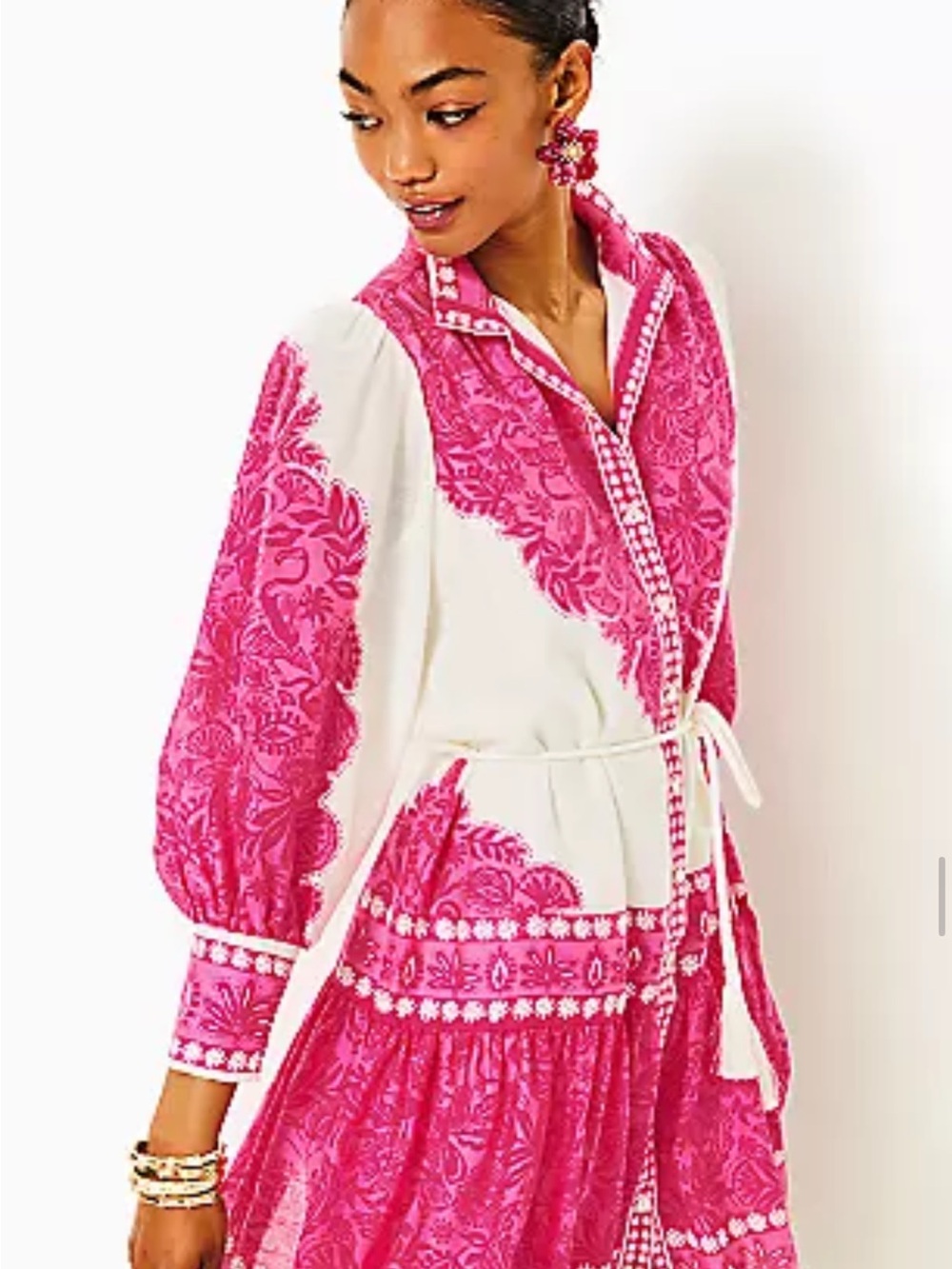 Lilly Pulitzer Hot Pink & White Embroidered Tie-Waist Mini Dress worn once